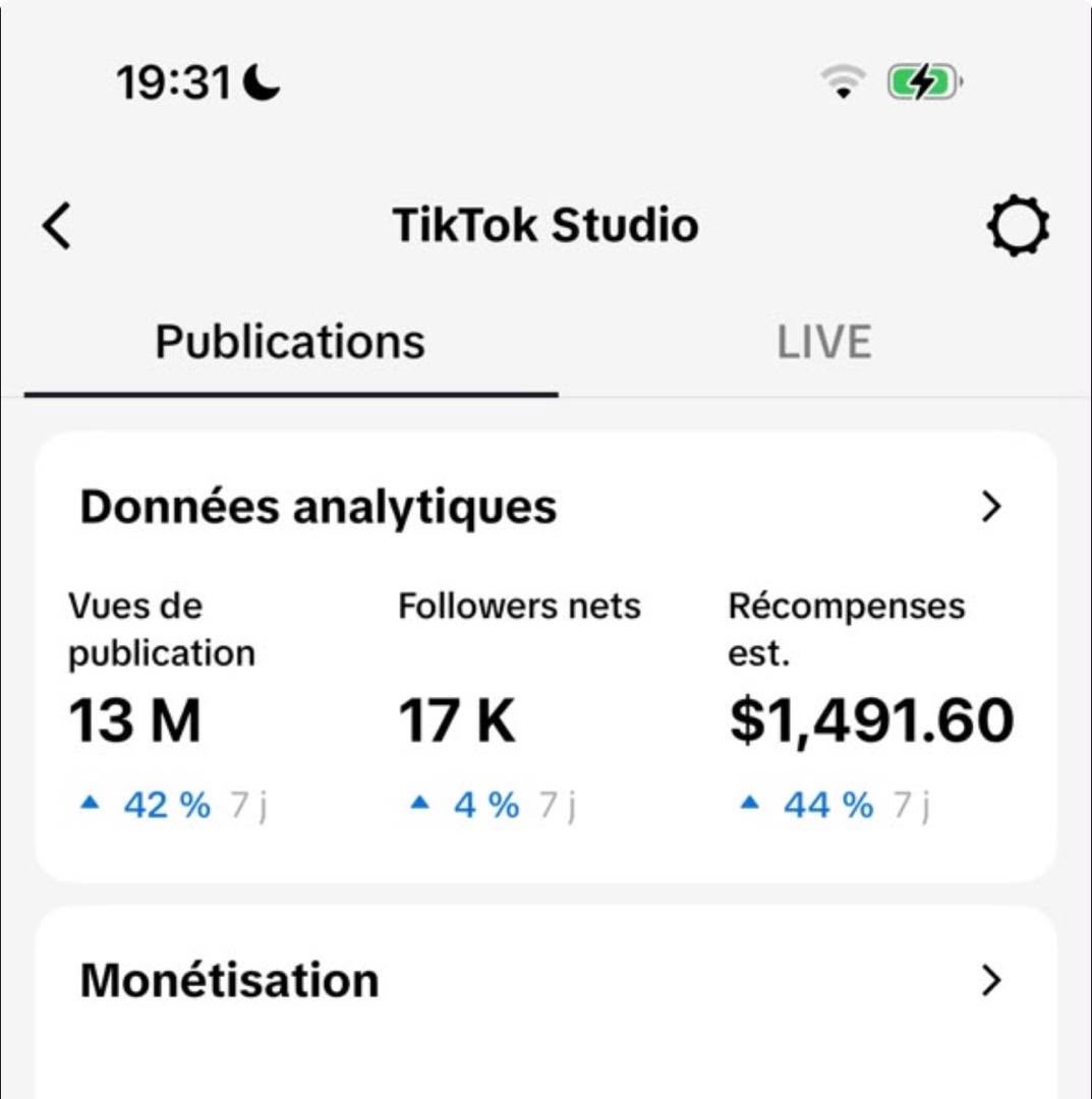 Capture TikTok affichant 1 491,60 $ de revenus
