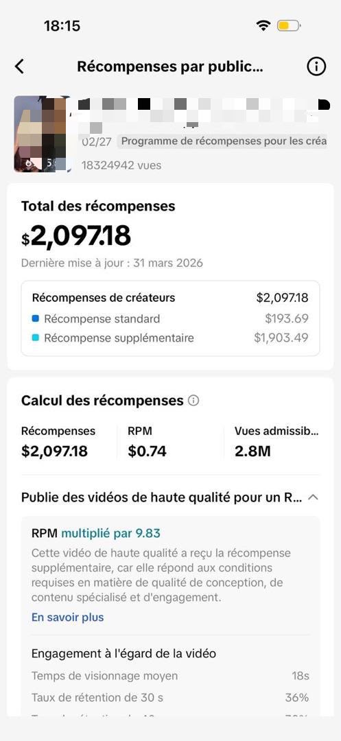 Capture TikTok affichant 2 097,18 $ de revenus